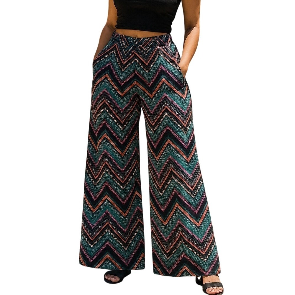 New Sou‎ Bisou Wide Leg Palazzo Pants Chevron Print Lined Casual Comfy Small $50